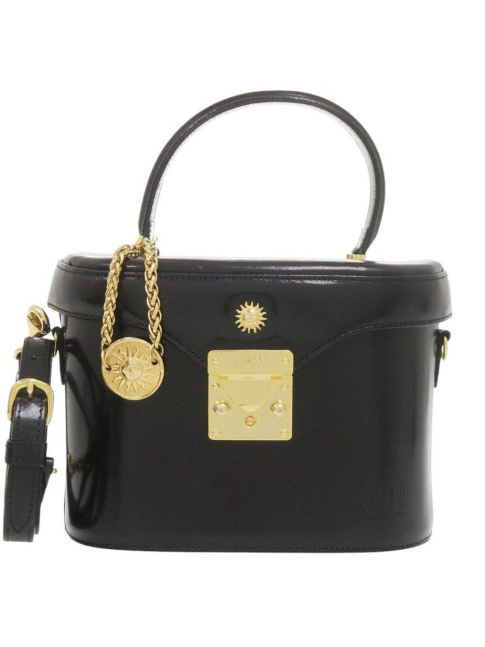 Versace Gianni 2-Way Leather Black Handbag Vanity Bag